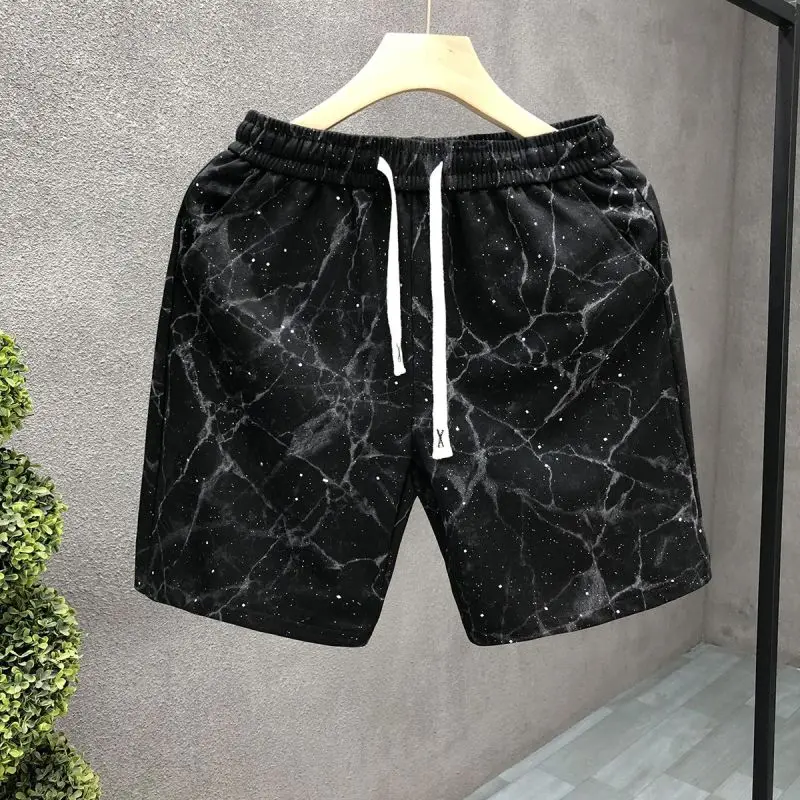 Men Clothing 2024 Summer Trendy Printed Glitter Luxury Loose Straight Short Pants Casual Drawstring Sports Running Beach Shorts