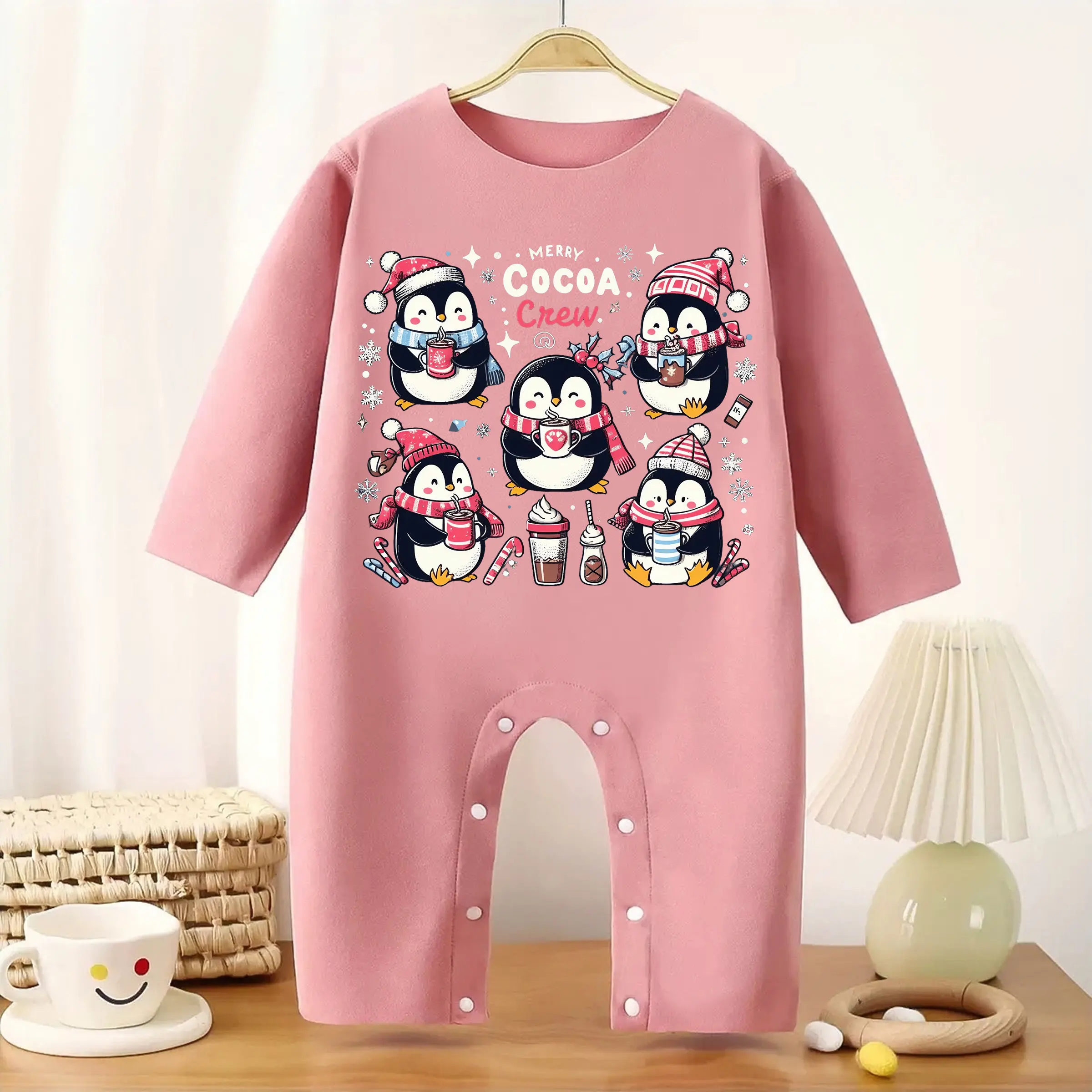 

Merry Christmas MINISO Baby Thickened Jumpsuit Penguin Snow Infant Longsleeve Creeper Keep Warm for Height 60-90CM Baby Cloth