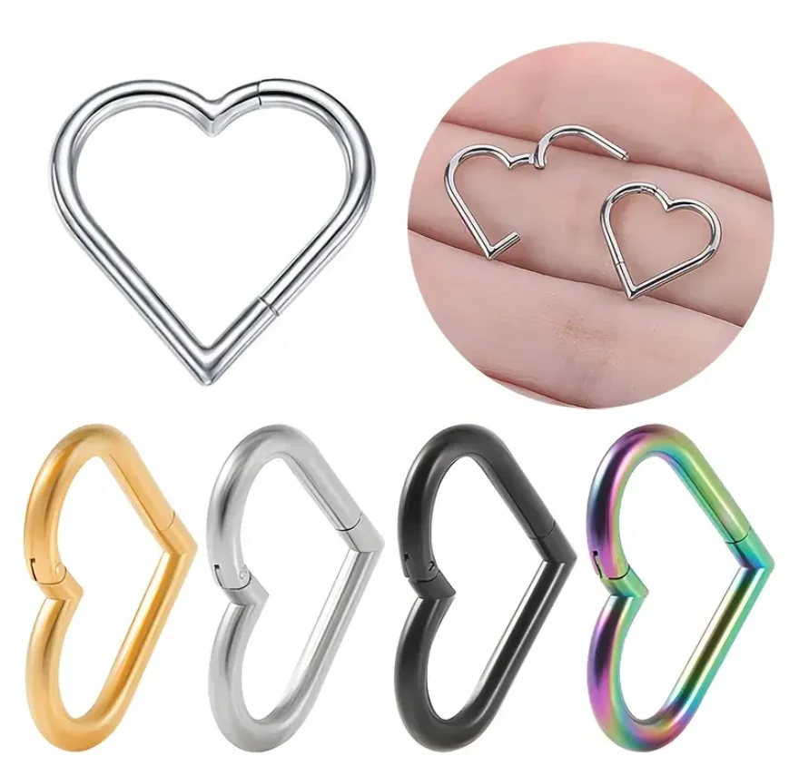 1pcs Stainless Steel Heart Shape Clicker Ear Tragus Cartilage Daith Helix Lobe Earrings Septum Nose Ring Body Piercing Jewelry