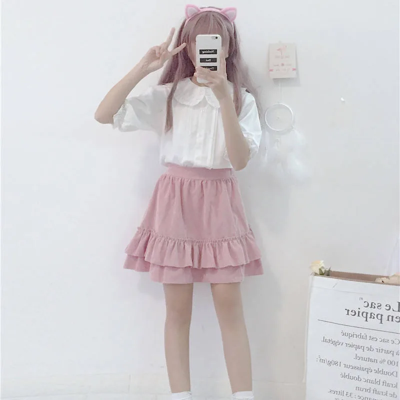 Preppy Style Kawaii Peter Pan Collar Blouses Women Summer Sweet Ruffle Short Sleeve White Shirt Girl Japanese Lolita Jk Shirts