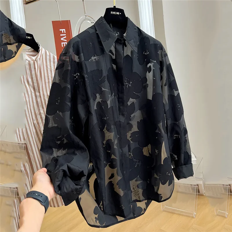 Spring Summer Mid-Long Shirt Women 2024 New Fashion Loose Leisure Large Size Sunscreen Shirt Pure Colour Blouse Black 5XL Female