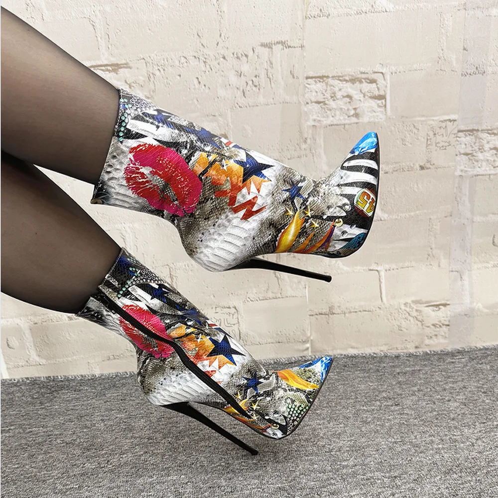 

FHC женские ботильоны на высоком каблуке 14 см, короткие ботинки с губами граффити, женская зимняя обувь для танцев на пилоне, остроконечный носок сбоку, Прямая поставка