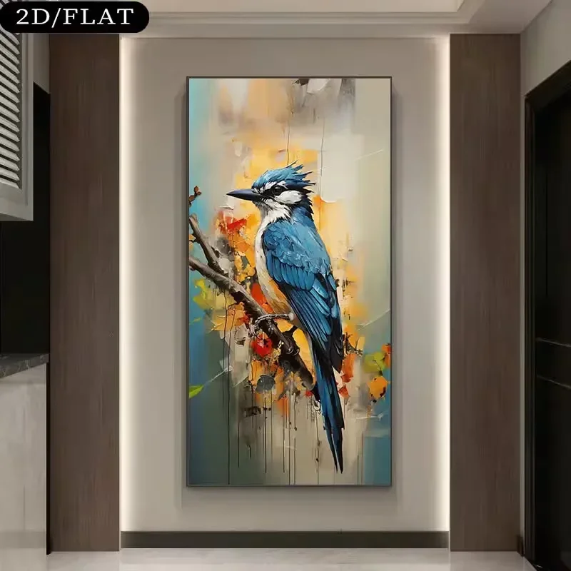 Large-sized 1pc frameless Canvas Painting Large Canvas Wall Art - Blue Jay Tree Branch Modern Abstract Bird Painting, Turquoise