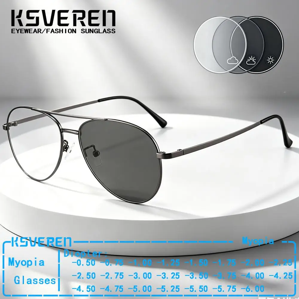 

Pilot Ultra Light Pure Titanium Photochromic Myopia Glasses Men Women Retro Double Bridge Prescription Eyewear Sun Color Change
