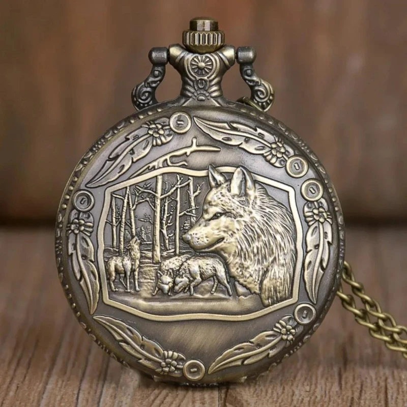 

Vintage Bronze Wild Wolf Pattern Pocket Watch Fashion Necklace Pendant Animal Quartz Pocket Watch Clock Gift