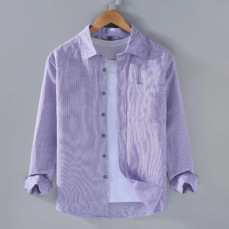 

Japanese Yarn-dyed Cotton Linen Shirt Man Spring and Summer Breathable Tops Long Sleeve Purple Shirt Men Simple Pinstriped Shirt