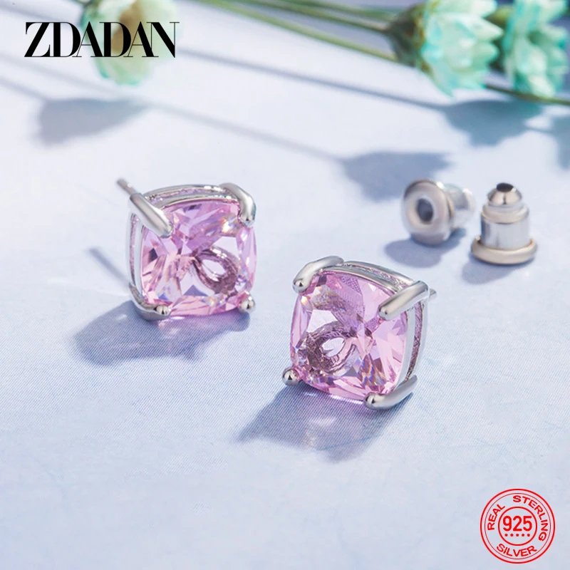 ZDADAN 925 Sterling Silver 11mm Square Pink Zircon Earring For Women Wedding Jewelry