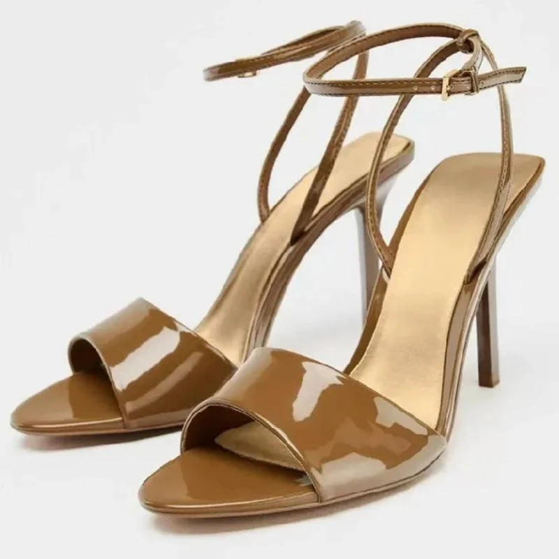 Sexy Brand High Heels Ladies Ankle Strap Patent Leather Open Toe Summer New Fashion Office Shoes Elegant Sandals Women Pumps