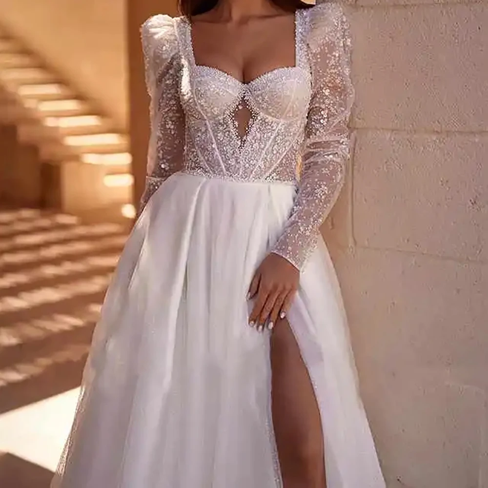 Vestidos de casamento para mulheres tule manga longa lado split quadrado pescoço sem costas vestido de noiva robe a linha drapeado personalizado