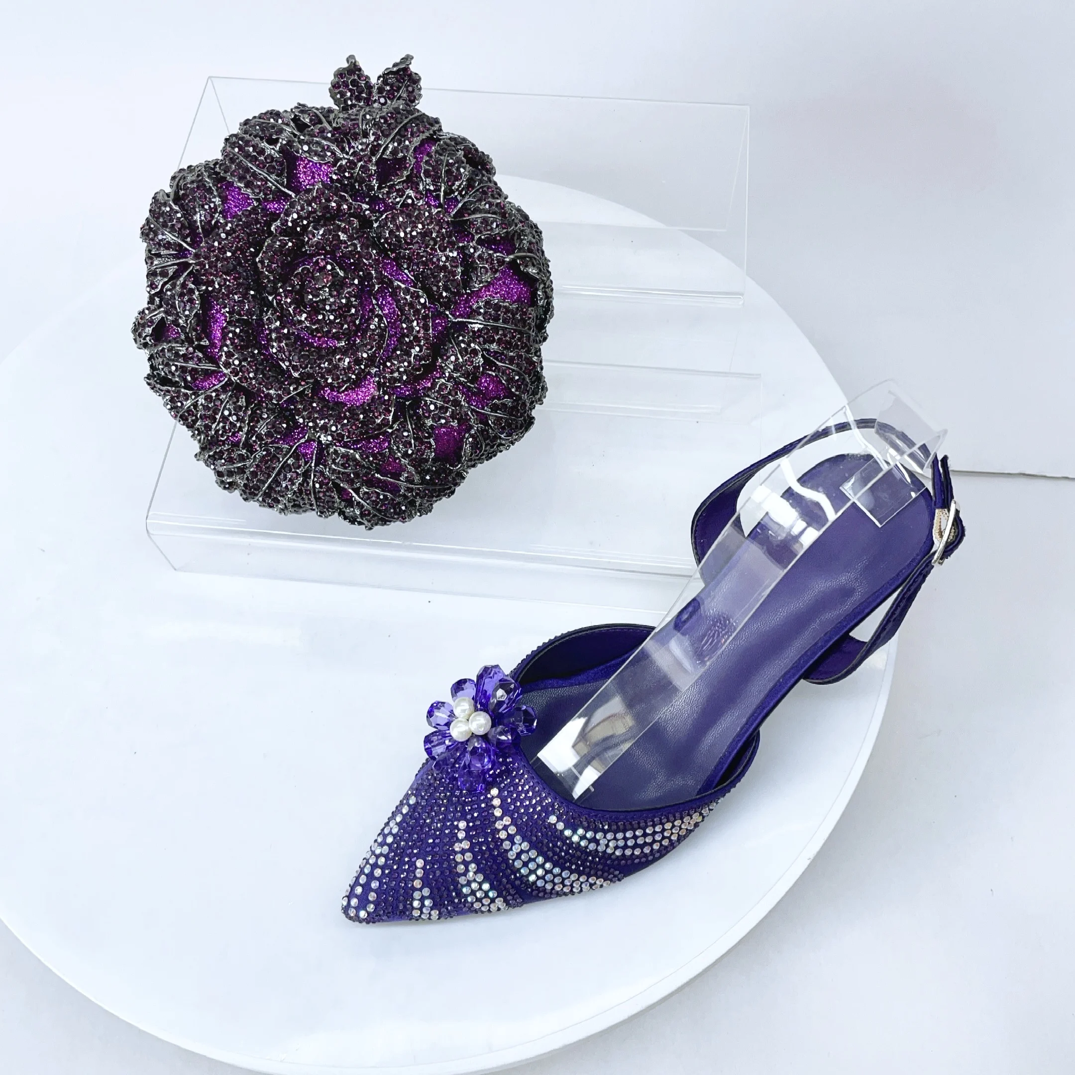 

LNATISNOVA Women's Sky Blue Rhinestones Shoes and Bag Set Pointed Toe Pumps for Wedding Party Diamonds High heeled sandal Purses