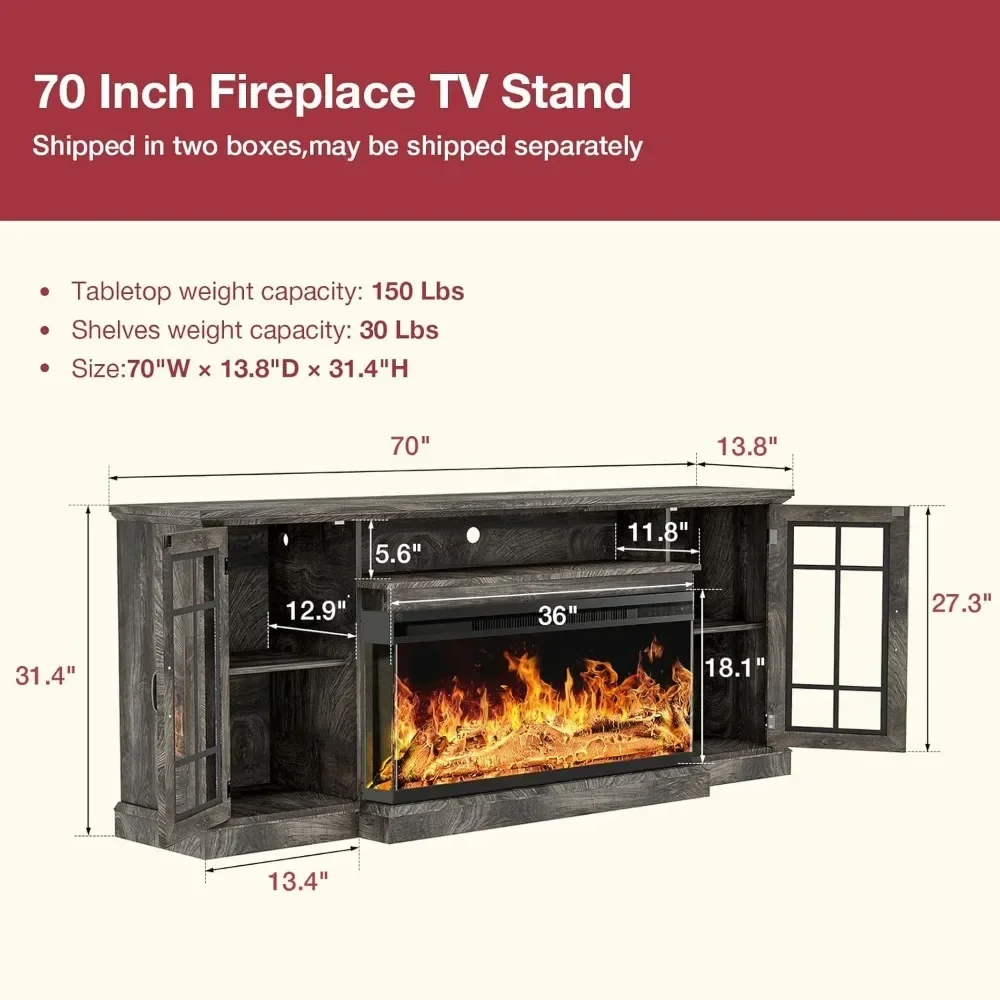 Soporte para TV con chimenea de vidrio de 3 caras de 36 pulgadas para televisores de hasta 80", mesa consola rústica para centro de entretenimiento multimedia