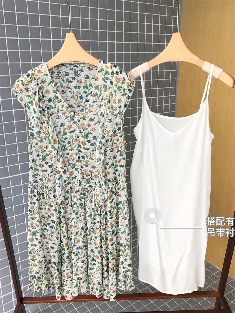 

Two Piece Ladies Silk Ruffle Sleeveless Sweet Short Robe Women's V-Neck French Romantic Floral Print Dress