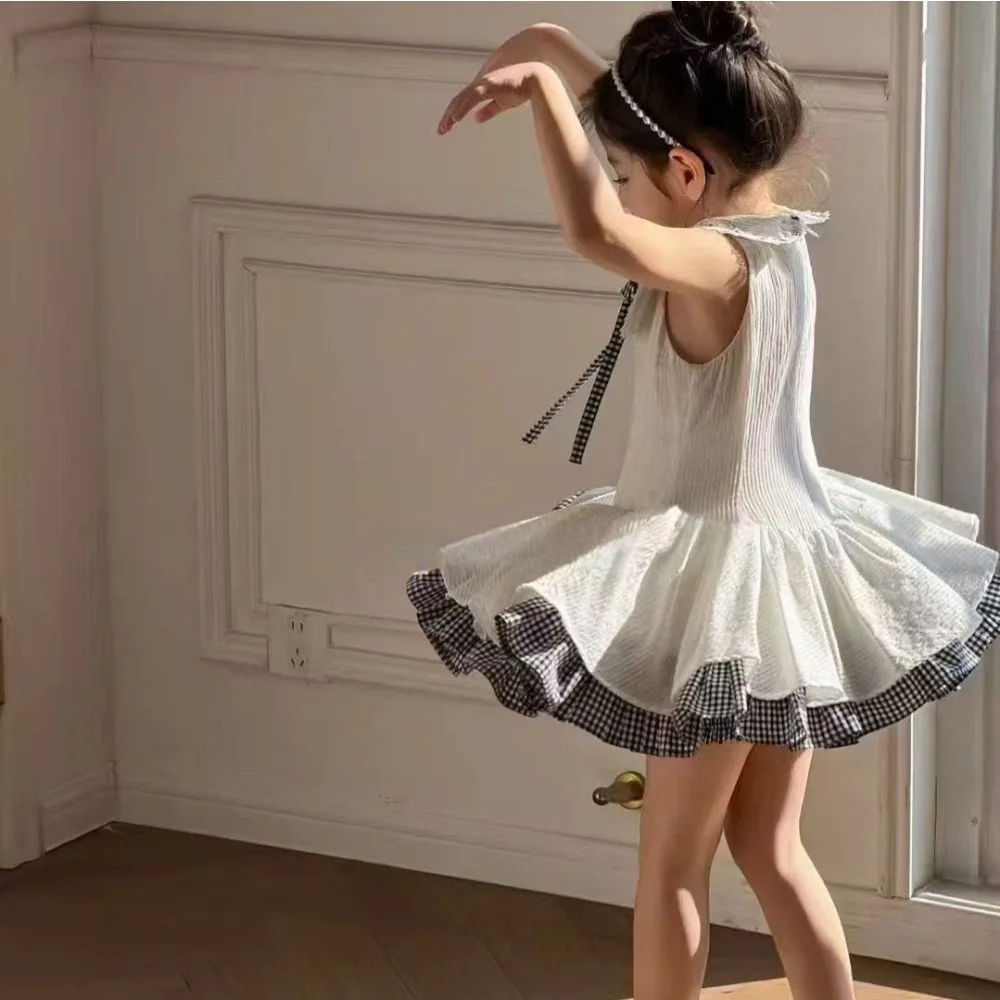 2026 Summer Toddler Girls Sleeveless Dress, Preppy Patchwork Gown with Bow Decor, Sweet Princess Outfit for 90-140cm