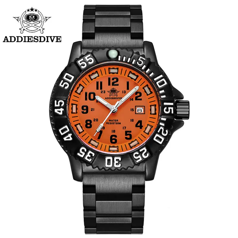 ADDIES Top Men\'s Military Luminous Watch Outdoor Sports 50m Waterproof Watch Nylon 316 Stainless Orange Men Quartz Watches