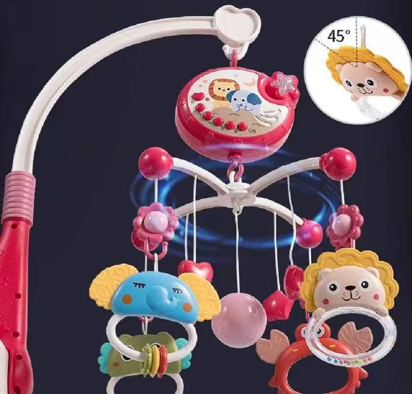 360 Infant Soothing Rotate Baby Bed Crib Bell Hanging Toy with Sensory Teether Rattle Projection Remote Control Mobile Music Box