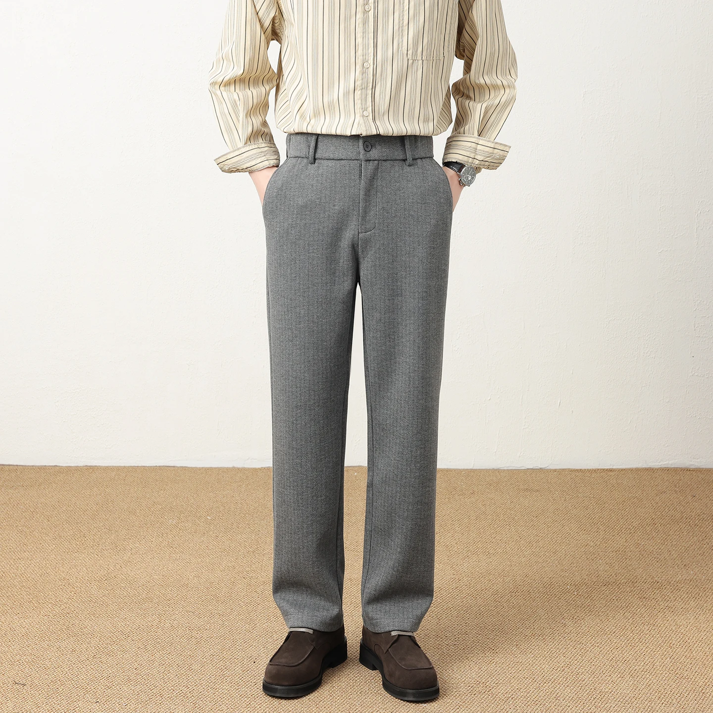 Autumn Winter New Comfortable Wool Classic Striped Casual Pants Korean Business Elastic Waist Daily Pants Straight Loose Trouser