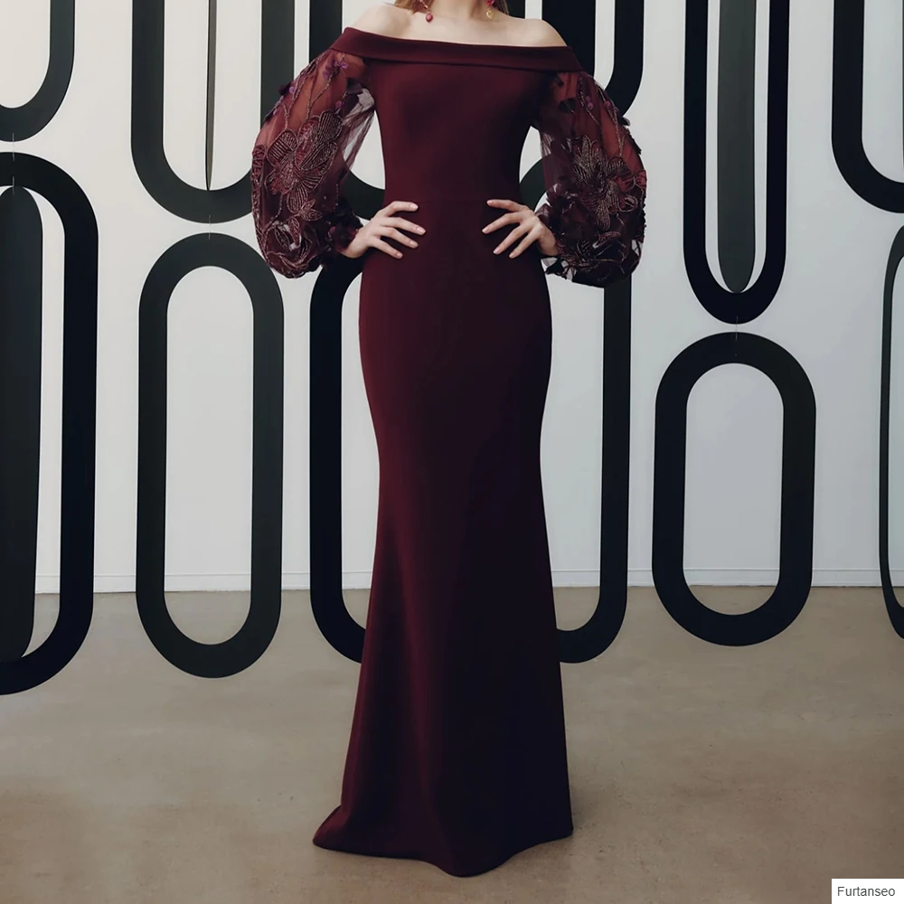 

Customized Mermaid Evening Dresses Floor-length Off The Shoulder Full Sleeve Prom Gown Fashion Flowers Simple Draped Party Gown