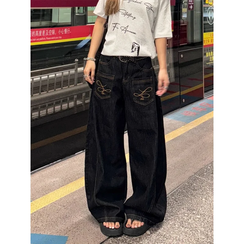 Jean brodé rétro américain pour femmes, pantalon ample, droit, taille haute, jambes larges
