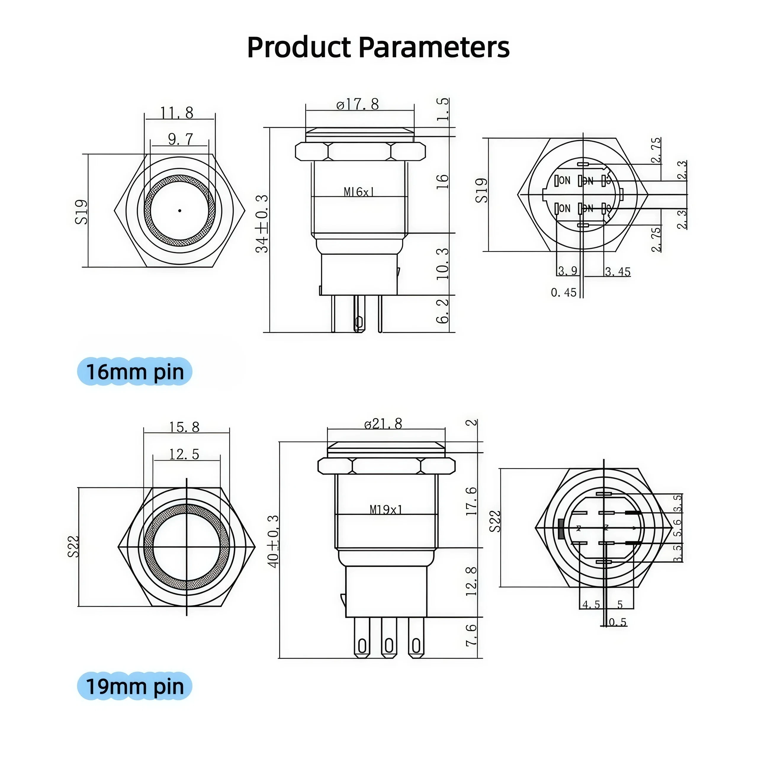 مفتاح زر معدني 16/19/22 مم، اثنان مفتوحان عادةً، اثنان مغلقان عادةً، 6/8 دبوس، قفل ذاتي مزدوج مقاوم للماء