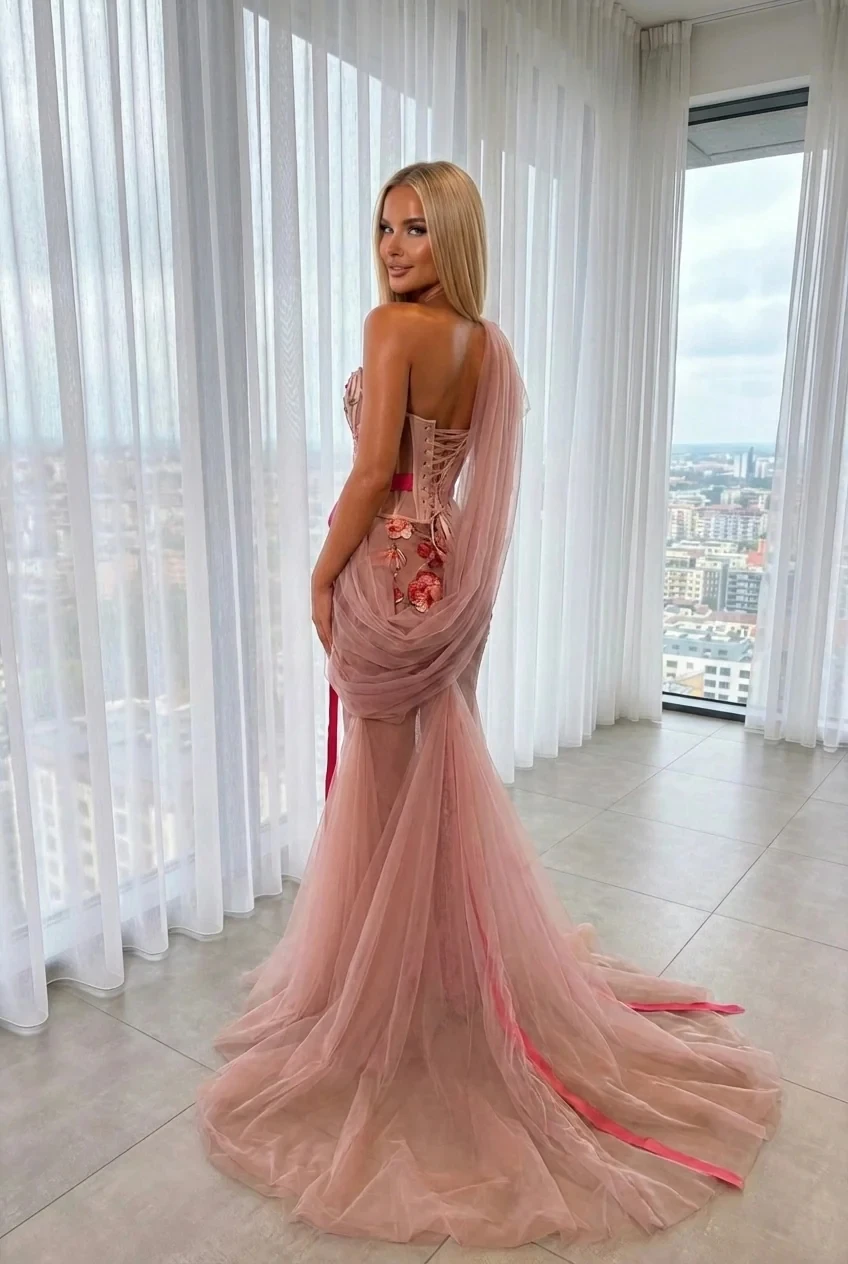 Pink Long Prom Dresses Sheer Floral Appliques Saudi Arabia Dubai Robe De Soiree Middle Eastern Evening Dress Gown Customized