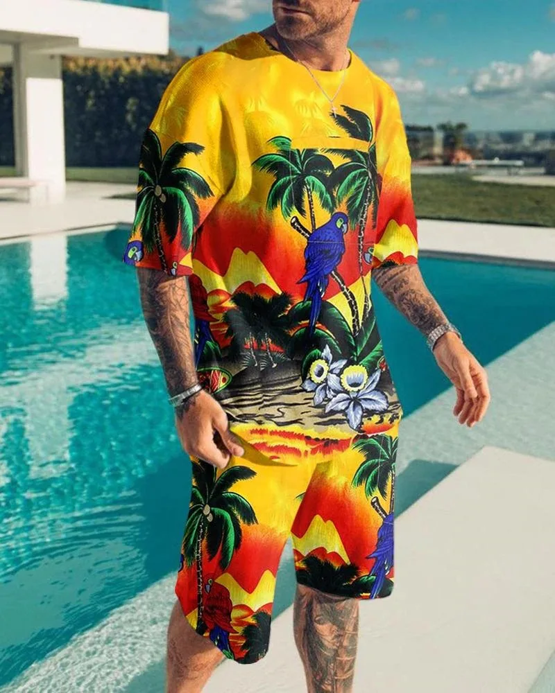 Männer Strand T-Shirt Kurzarm Set lässig 2 Stück Set übergroße Sport Set Kokosnuss baum Hawaii Mode Top Urlaub Essentials