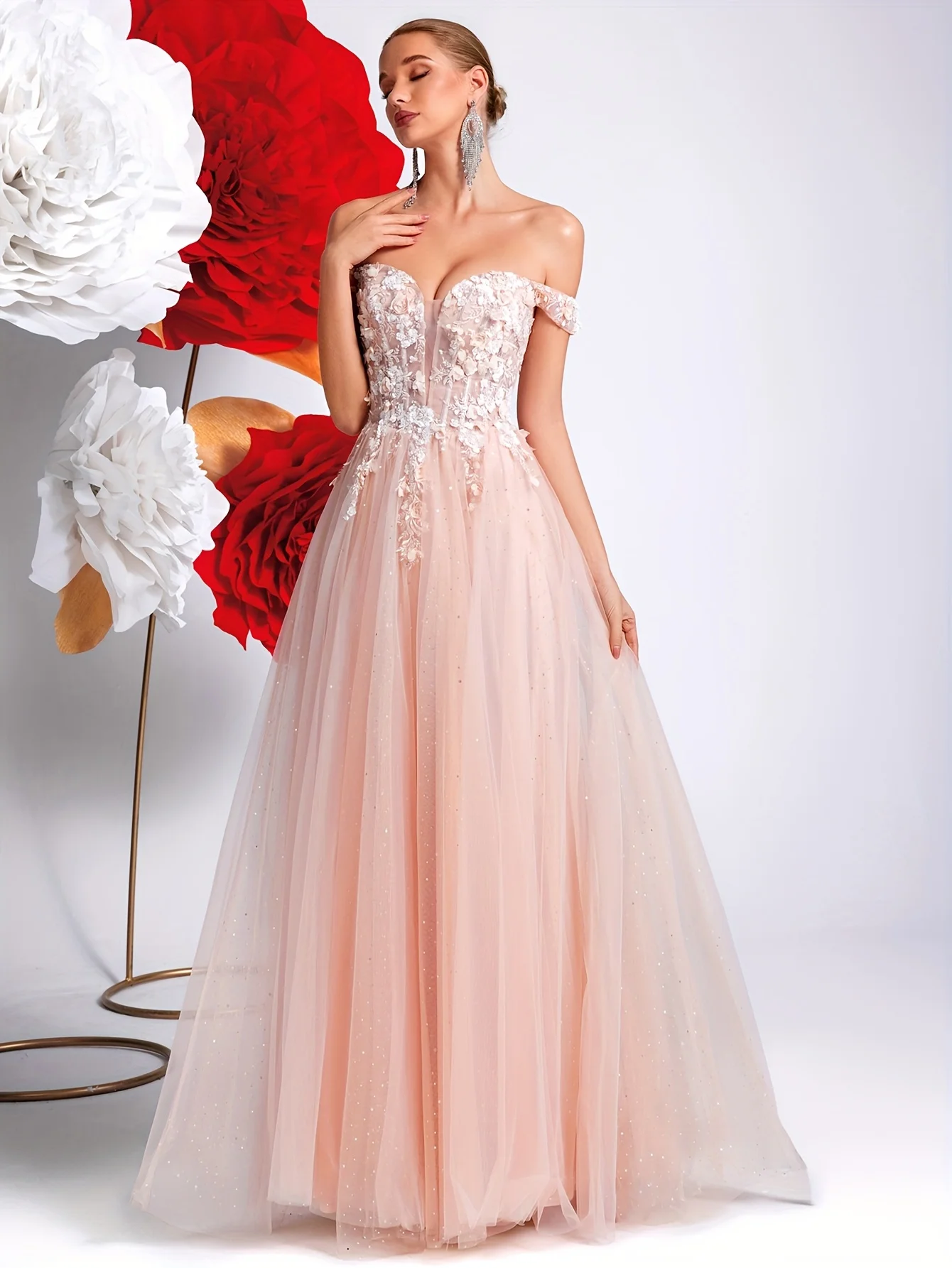 Tiulowe sukienki na studniówkę z odkrytymi ramionami, w kształcie litery A, z aplikacjami, koralikami, kwiatami 3D, brokatem, sukienki wieczorowe na Boże Narodzenie, sukienki na konkurs piękności dla dziewczynek.