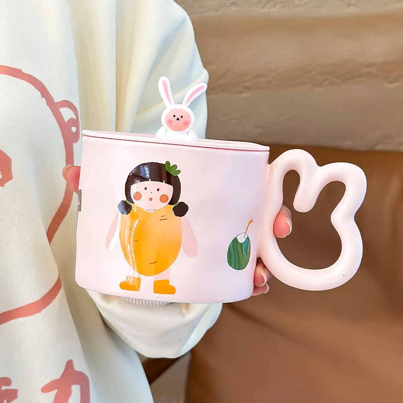 300ml Cartoon Ceramic Mug With Lid and Spoon Creative Cute Coffee Milk Tea Breakfast Cup Drinkware Novelty Gifts