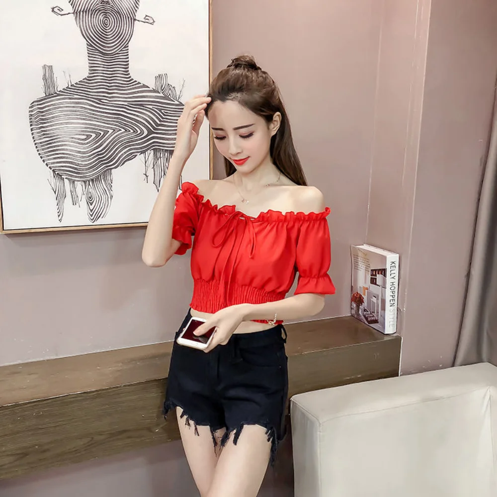 Summer Off Shoulder Crop Top Women Summer Long Sleeve T Shirt tshirt Elegant Party Club Tee Shirt Femme Dames Streetwear