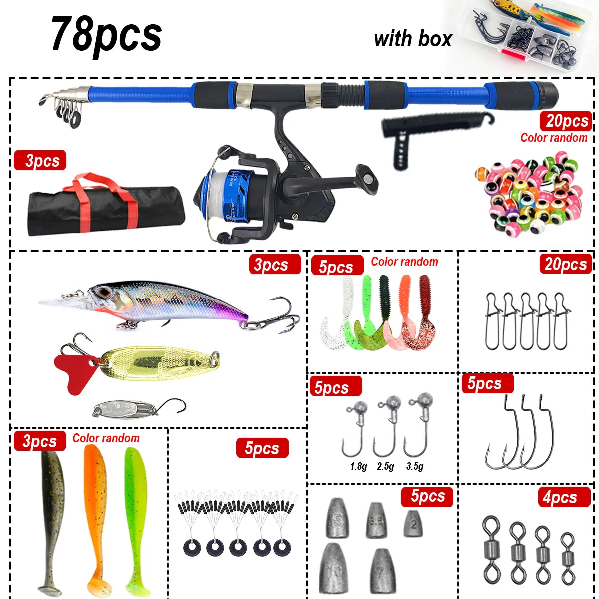 46Pcs Telescopic Fishing Rod Reel Combo, Portable Full Tackle Kit for Beginners Kids Freshwater Saltwater view 3