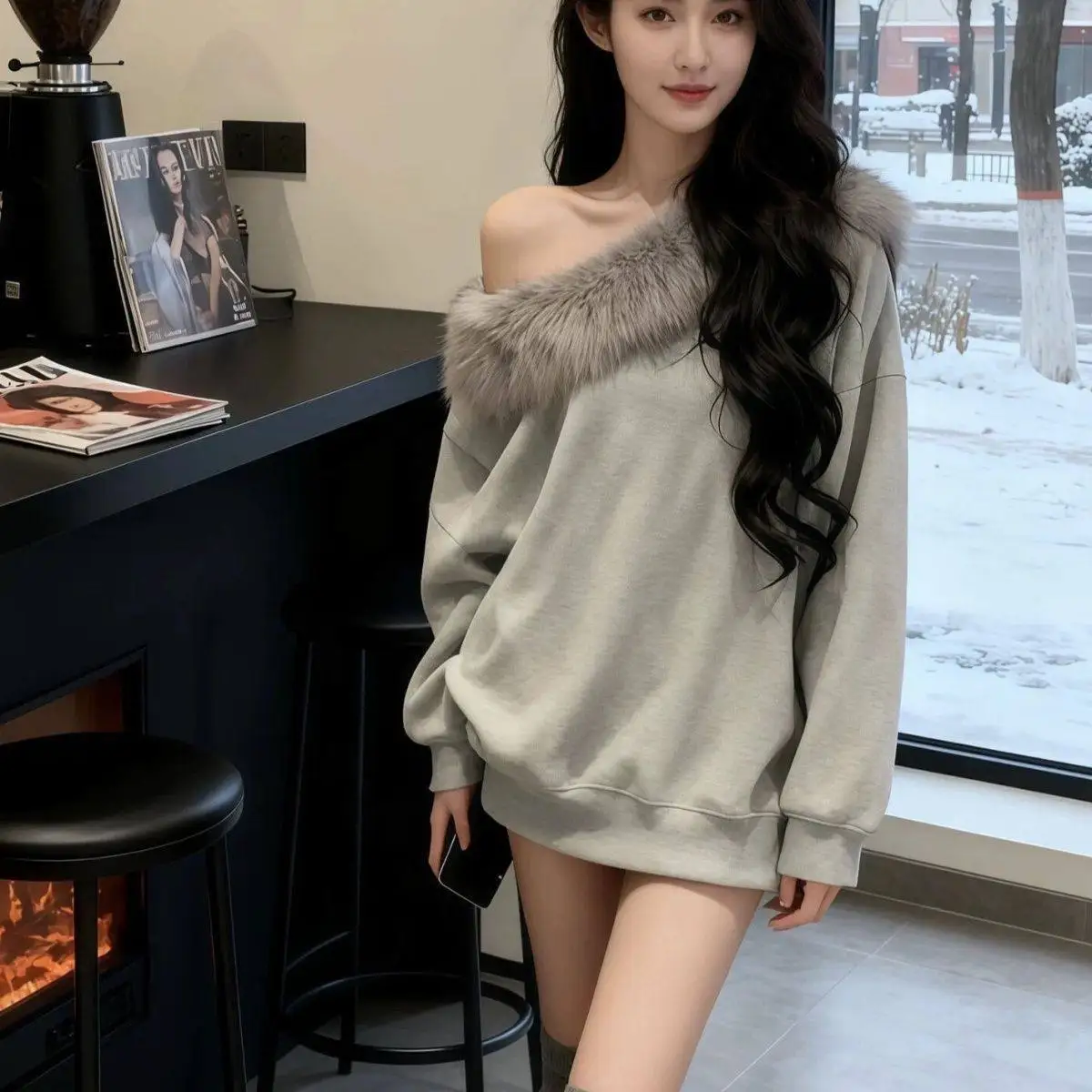 

Худи Onalippa в корейском стиле с меховым воротником, женская, осень-весна 2026, новая, свободная, повседневная, универсальная, из плотного вельвета, толстая, толстовка-куртка