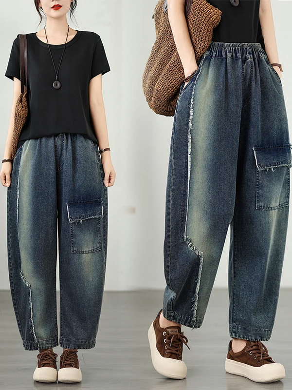 

Loose Women's Jeans Elastic Waist Casual Large Size Vintage Frayed Design Harlan Pants Spring Autumn New Sle Blue Denim