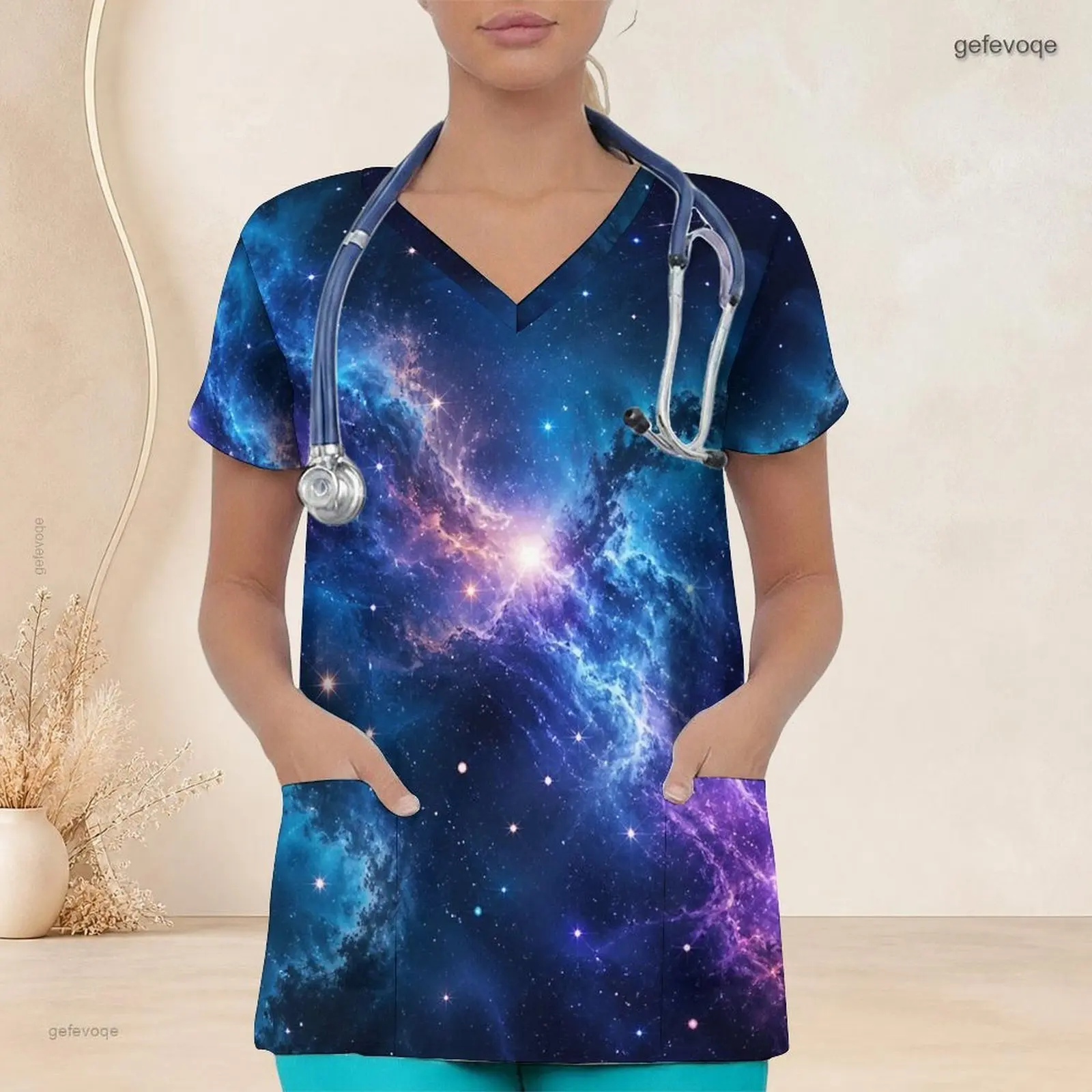 Women Blue Purple Galaxy Nebula Star Print V Neck Short Sleeve Scrub Top with Front Pockets