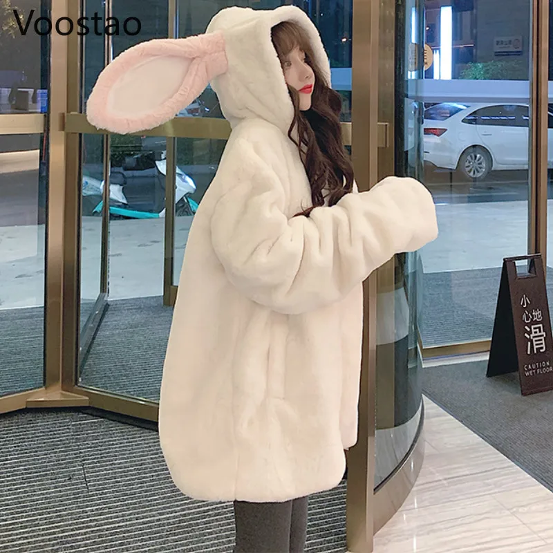 Autumn Winter Gothic Harajuku Couple Hoodies Cute Rabbit Ears Black Hooded Outwear Women Sweet Korean Loose Warm Plush Coats