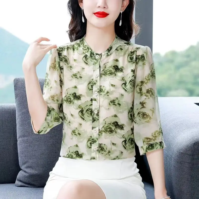 2024 Women\'s New Summer Crew Neck Button Spliced Printed Elegant Loose Appear Thin 3/4 Sleeve Chiffon Shirt Commuter Tops