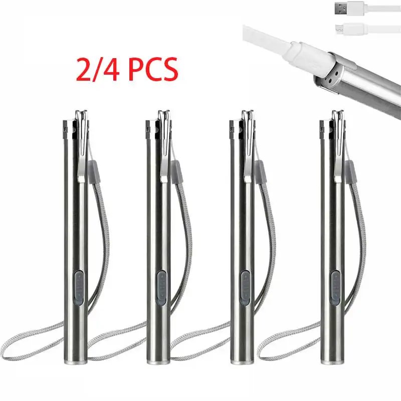 

2/4Pcs Mini Professional Portable LED Pen Light USB Rechargeable Stainless Steel Clip, Pocket Flashlight Rechargeable LED Home