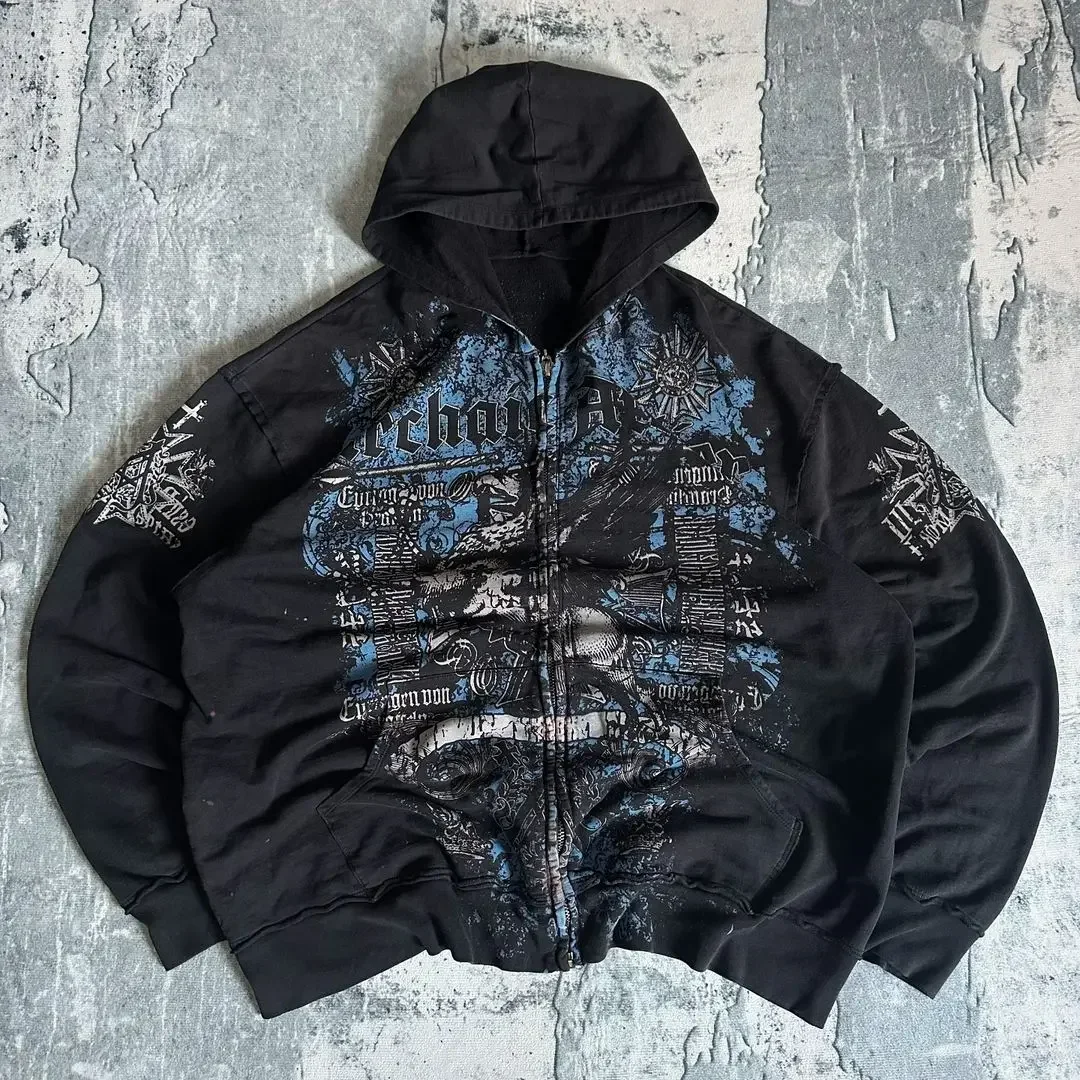 Y2K New Affliction Hoodie Retro Gothic Pattern Zipper Hoodie Men Street Hip Hop Harajuku Casual Oversize Coat Loose Streetwear