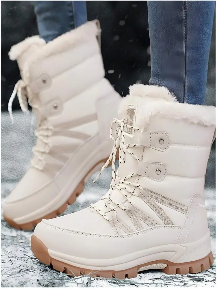 

2024 Winter Women's Fur Snow Boots, Stylish Mid-Calf Outdoor Lace-Up Sports Hiking Boots, Casual Winter Shoes