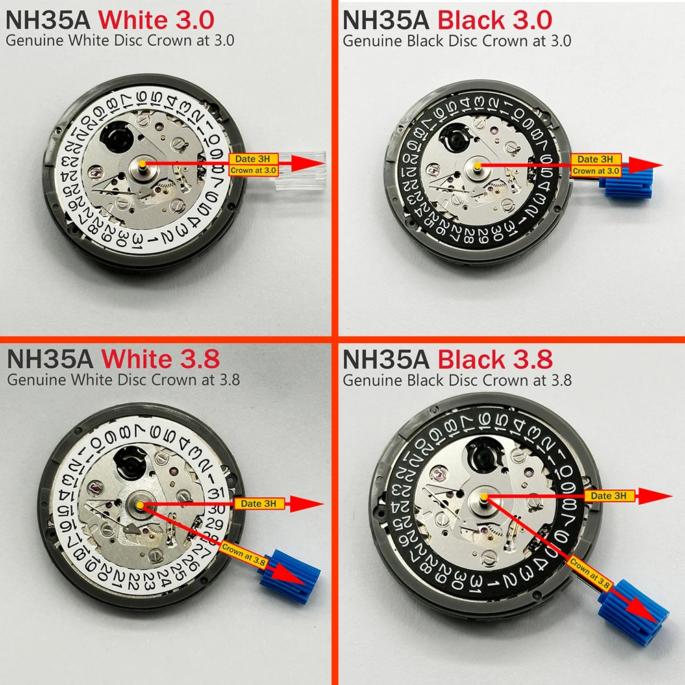 Japan Genuine NH35 Movement Crown at 3.0/3.8 O'clock White/Black Datewheel 24 Jewels High Accuracy Mod Replace Mechanism NH35A