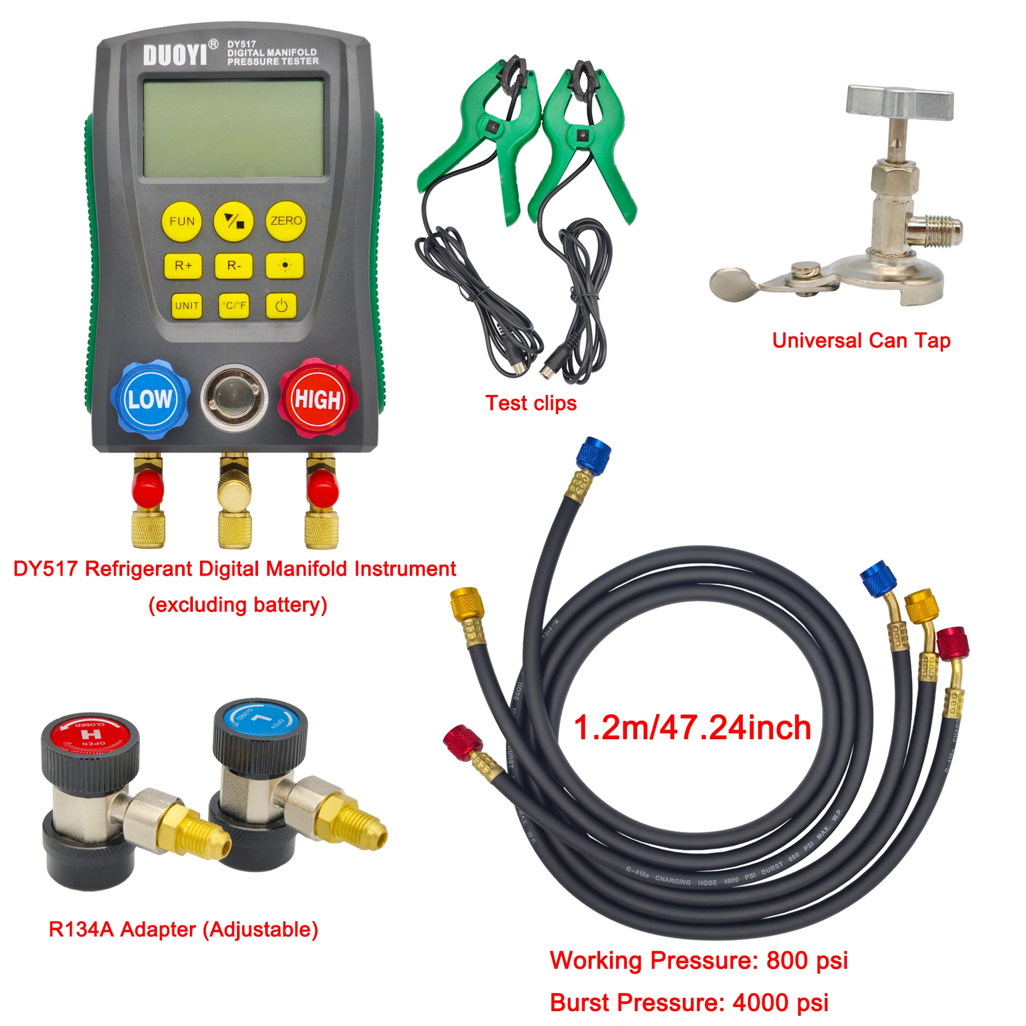 DY517 Digital AC Refrigerant Gauge Kit, HVAC Vacuum Pressure Meter, Electronic Manifold (Batteries Not Included)
