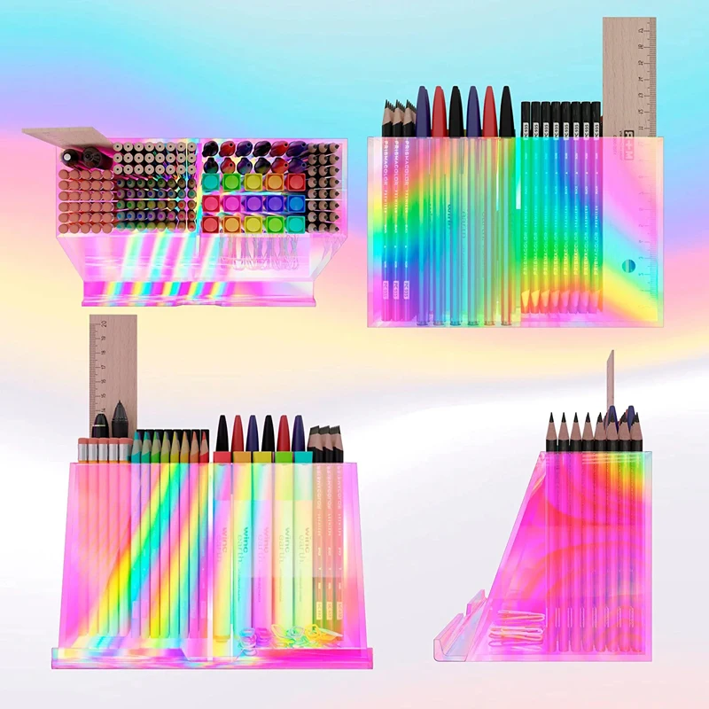 Iridescent Acrylic storage pen case makeup brush colorful rainbow Container desk storage shelf tablet holder multi-functional