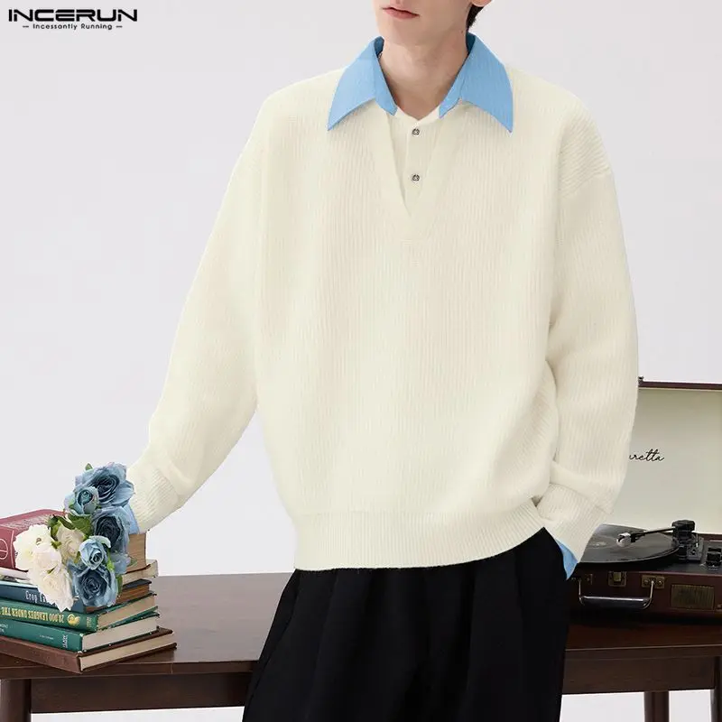 

INCERUN Men Shirt Patchwork Lapel Long Sleeve Knitted Loose Men Clothing Streetwear Spring 2026 Fashion Tops Male Shirts S-5XL