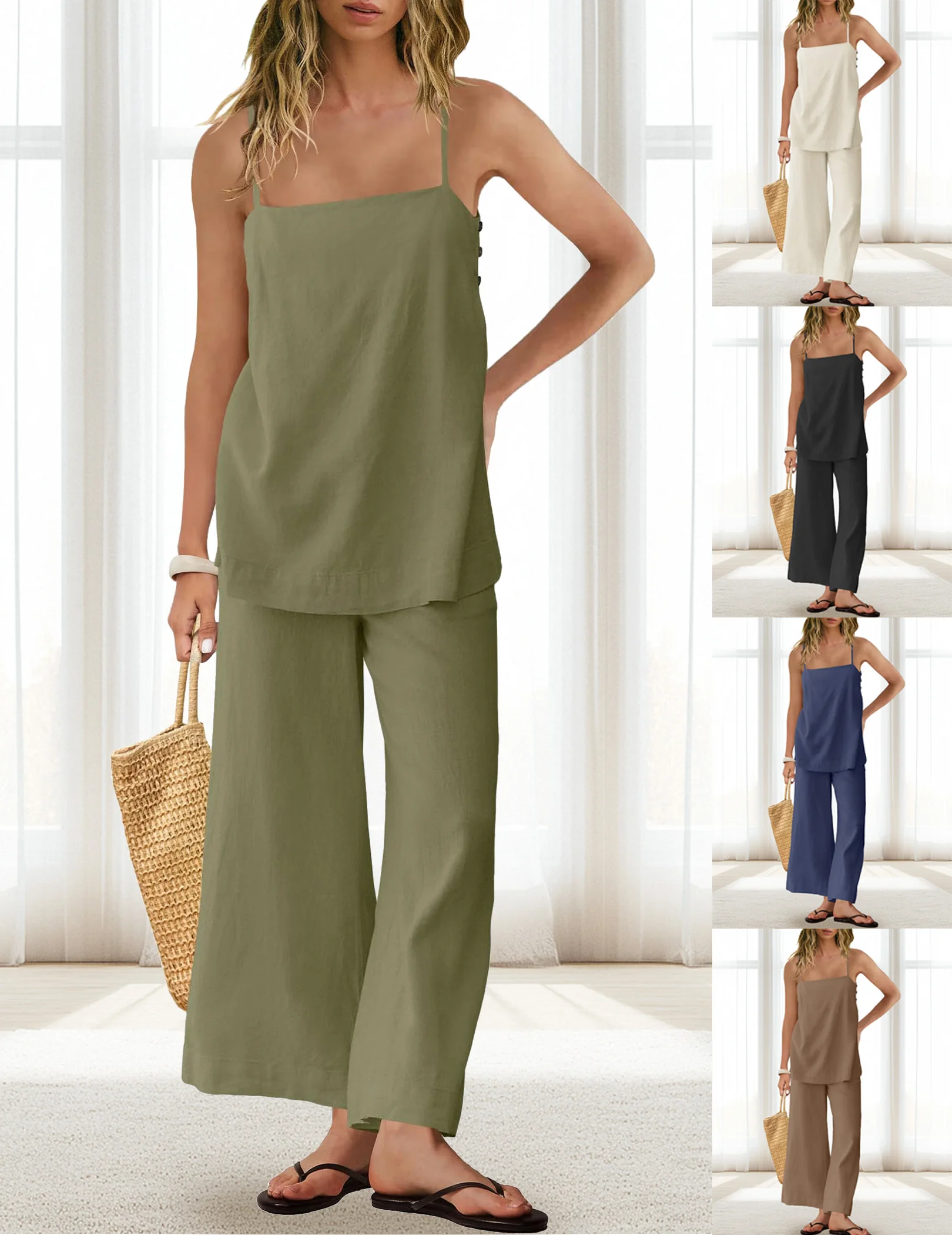 Women 2 Piece Linen Set with Pockets Summer Travel Beach Vacation Outfit