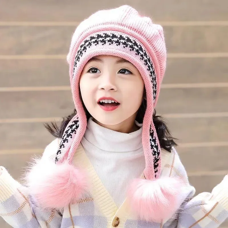 Children Hats Cute Girls Princess Hat Winter Velvet Warm Ear Protection Hats Woolen Hat Baby Knitted Hats Кепка Gorros Para Bebé