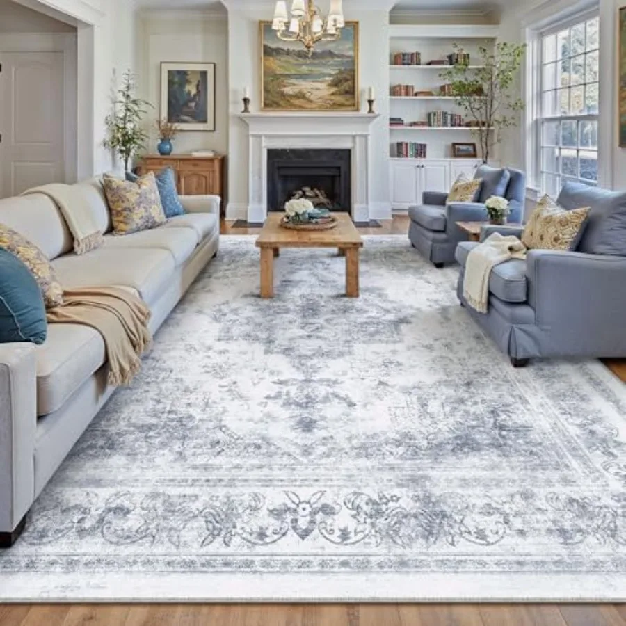 

Washable Rug 9x12 Area Rug for Living Room Blue Vintage Boho Medallion Large Distressed Retro Carpet Non Slip Indoor Low Pile S