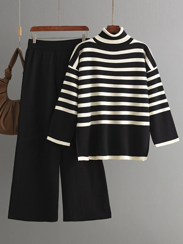 [EAM] Big Size Striped Sweater Wide Leg Pants Two Piece Suit New Turtleneck Long Sleeve Women Fashion Spring Autumn 2024 1DH8170