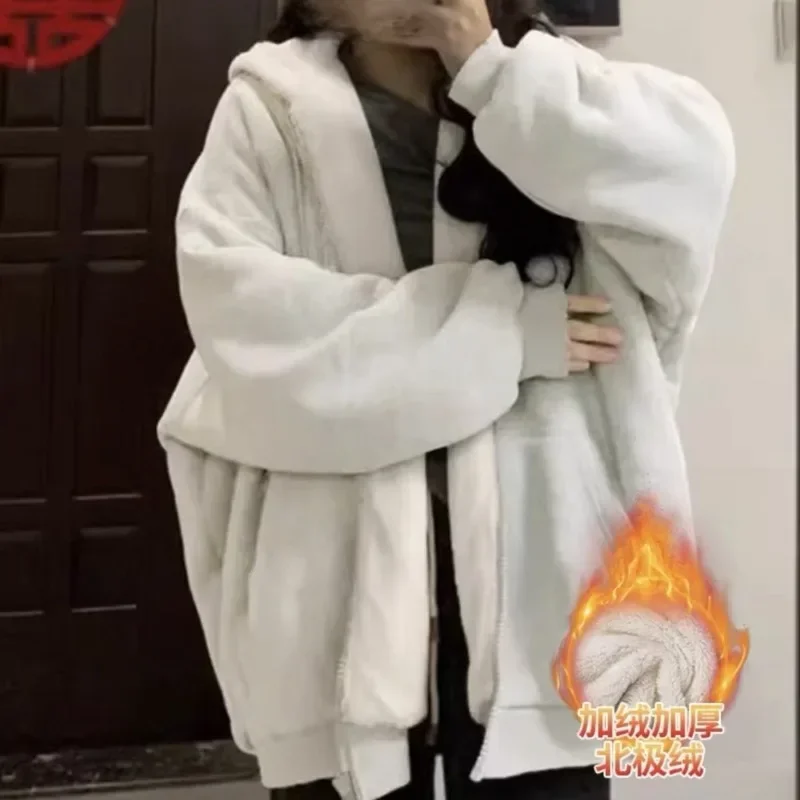 Korean Casual Zip Up Oversized Hoodies For Women Winter Harajuku Warm Fleece Thicken Hooded Sweatshirt Streetwear Y2k Tops