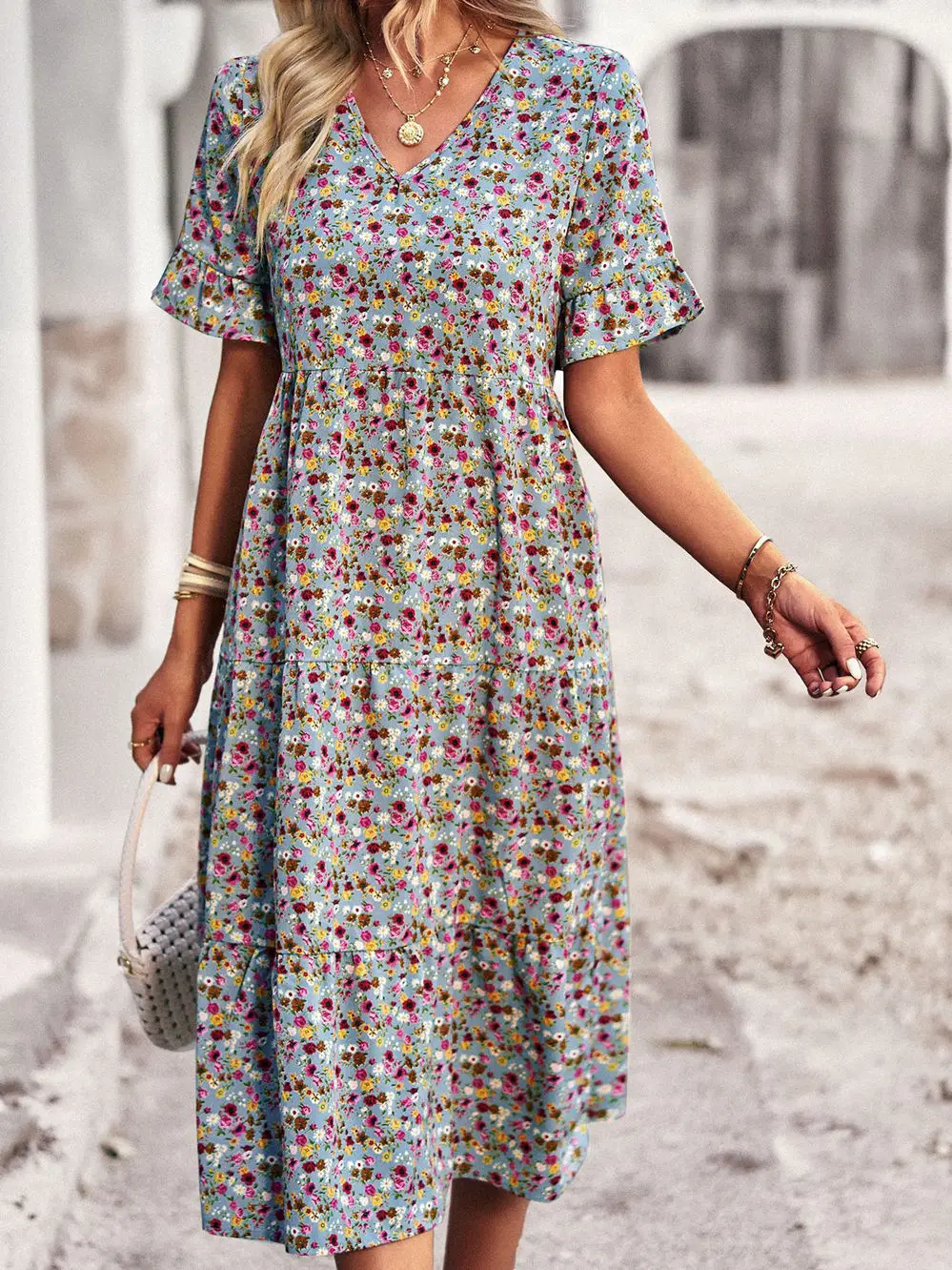 Zomer Dames V-hals Elegant Gedrukt Korte Mouw Hoge Taille A-lijn Bloemen Vakantiejurk
