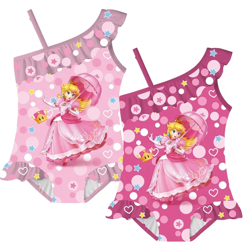 Bañador de princesa melocotón para niños, traje de baño de una pieza con estampado de dibujos animados, traje de baño con volantes, ropa de playa