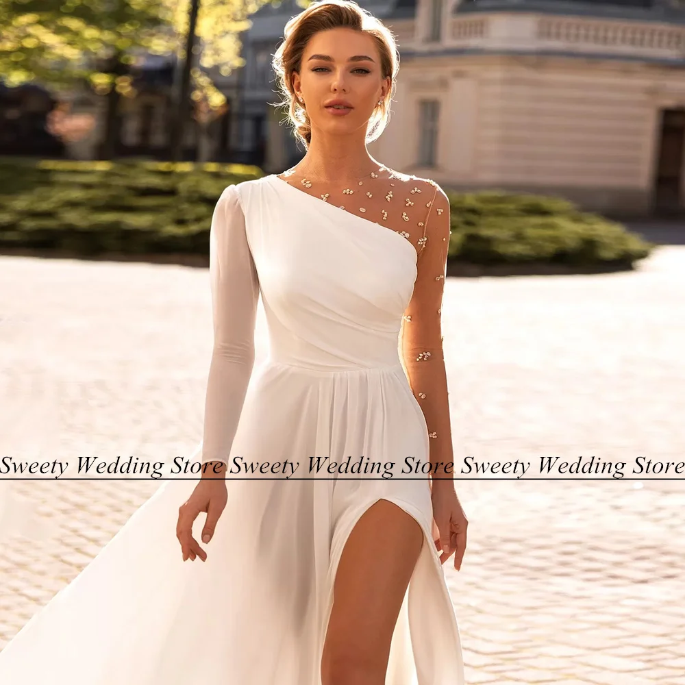 Boho Beach Wedding Dress Jiayigong Long Sleeves Beading Stones Sweep Train Split Chiffon A Line Summer Bridal Gown Vestido Noiva