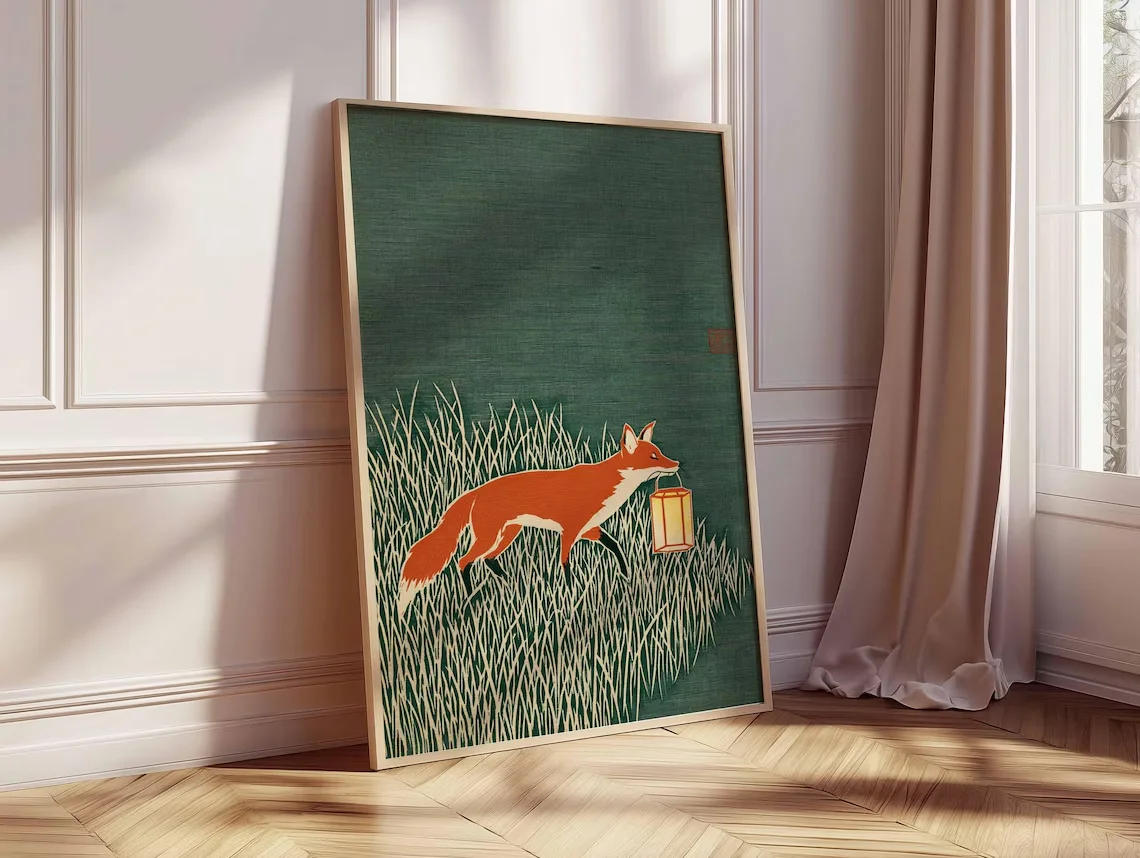 Fox Art Print, Japanese Style Animal Poster, Minimalist Nature Wall Art, Modern Woodland Illustration, Rustic Green Home Decor